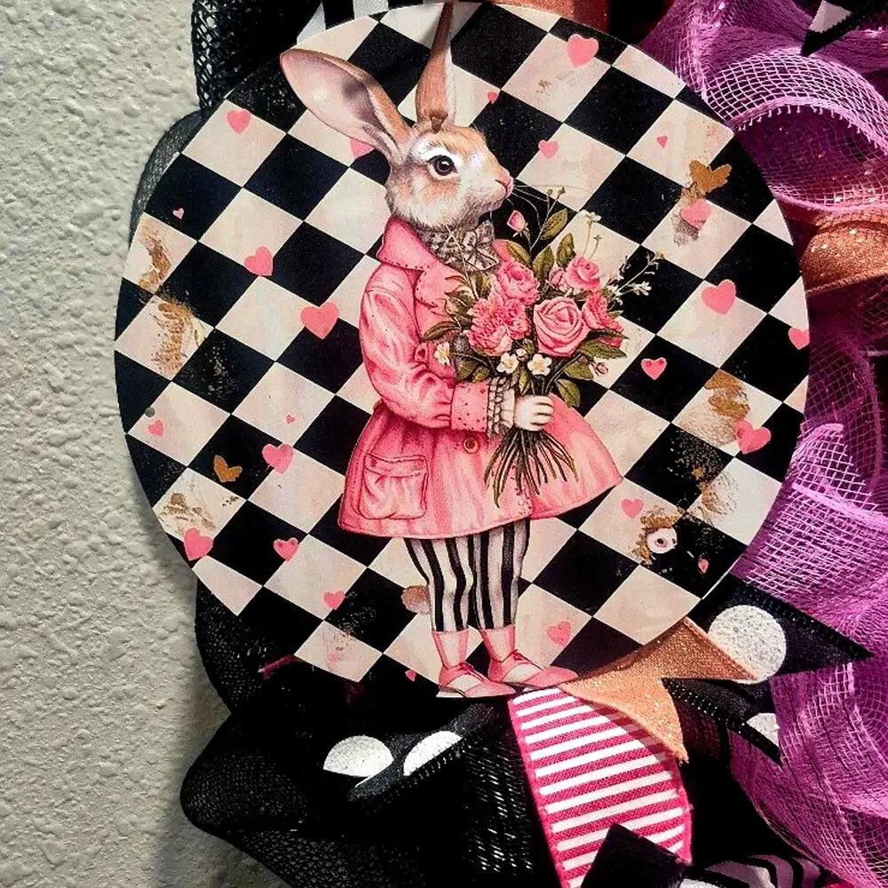 Wreath Rabbit flowers Valentines, Easter, Spring, Summer SIGN Ribbon pink black